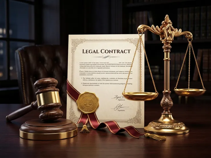 Illustration of a judge’s gavel, golden scales of justice, and a legal document with a gold seal and ribbon.