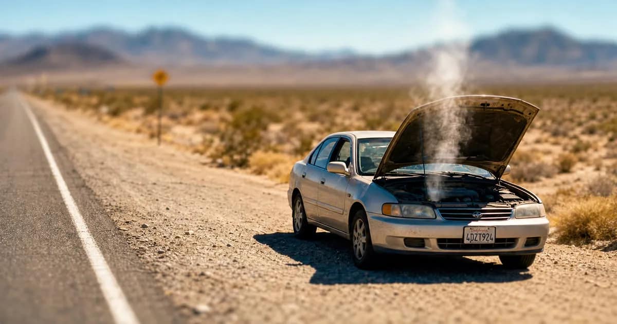 Car with its hood open and steam rising on a desert roadside
