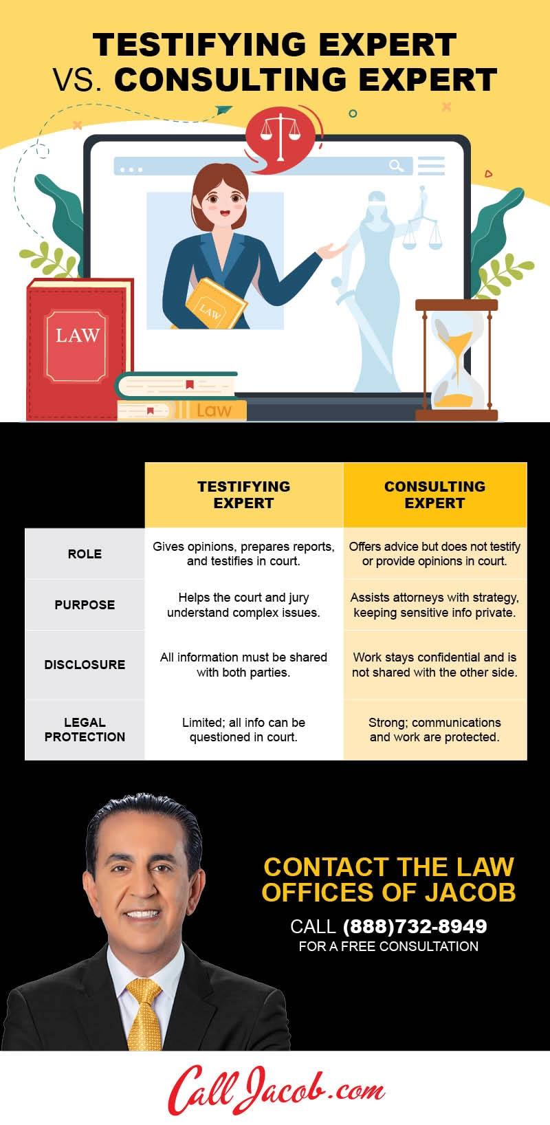 Comparison of testifying and consulting experts, including their roles, disclosure requirements, and legal protections, with attorney Jacob Emrani’s contact information