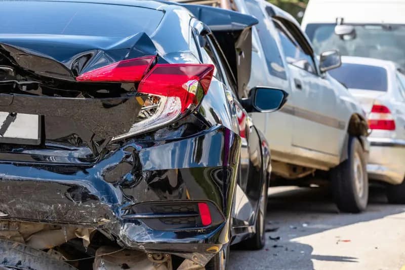 A close-up view of a black car with significant rear-end damage from a multi-car accident, with other vehicles visible in the background on a sunny day—a scene where car accident attorneys often help navigate legal claims.