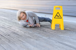Senior Lady Slipping And Falling On A Wet Surface