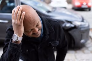 A man with a distressed expression holds his head with one hand while standing next to a damaged car, suggesting he may need the guidance of personal injury lawyers after the accident.